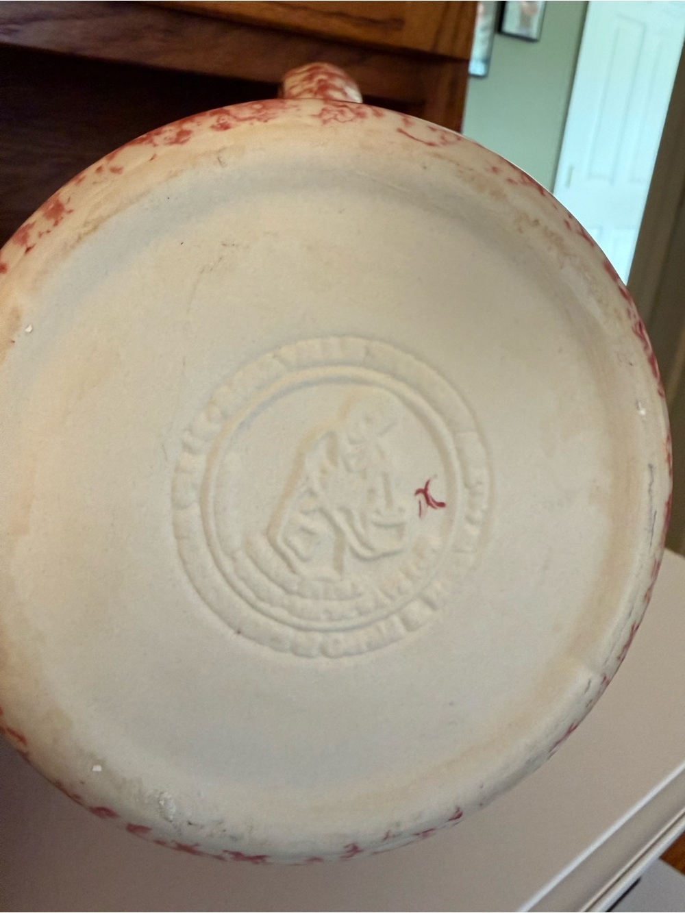 Roseville Pottery Spongeware: Red Speckled Ceramic Pitcher - Picture 5 of 8